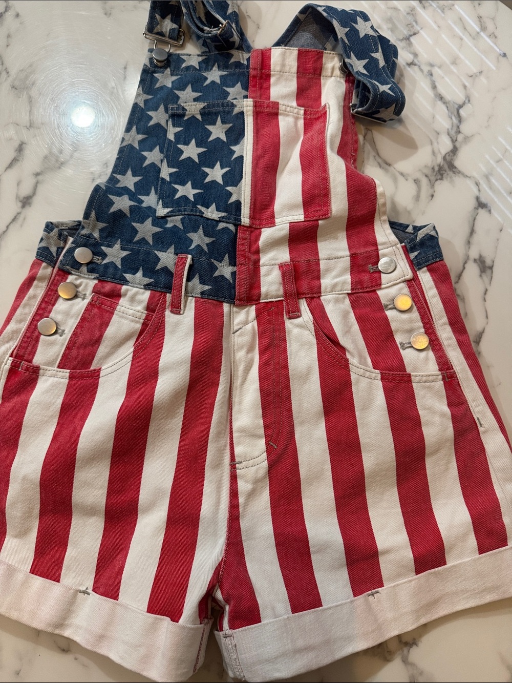 BiBi Red, White & Blue Star Stripe Short Overalls